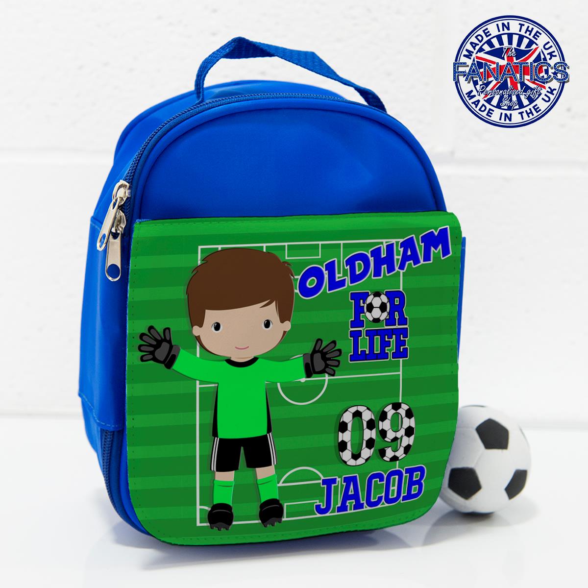 Oldham Boys Football Lunch Bag Insulated School Kids Blue Personalised
