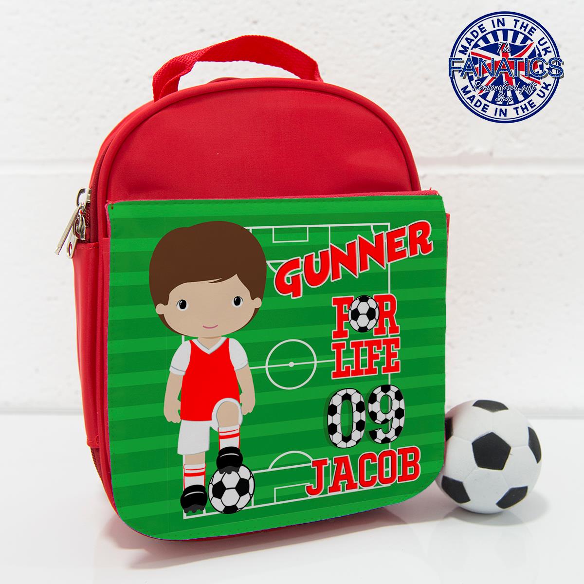 Personalised Childrens Lunch Bag Arsenal Football Kids Red Cool Box