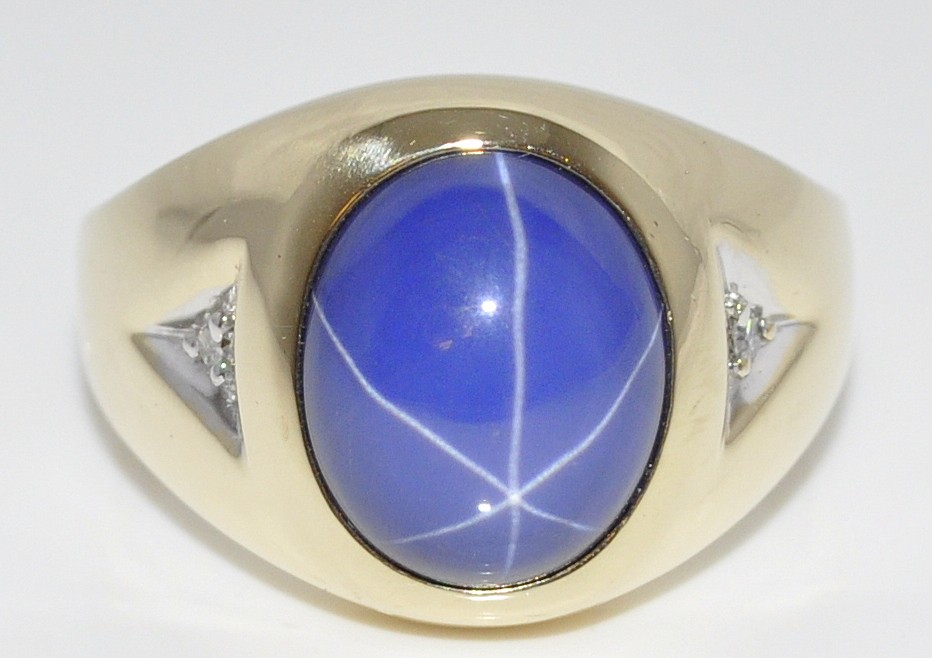 MENS RING CATS EYE BLUE STONE & DIAMOND RING 10K SOLID GOLD COMFORT FIT