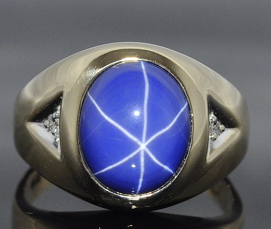 MENS RING CATS EYE BLUE STONE & DIAMOND RING 10K SOLID GOLD COMFORT FIT