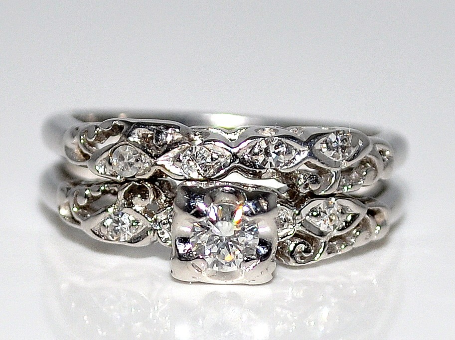 Wedding Rings Set 14K White Gold 0.25ct Two piece soldered together Sz