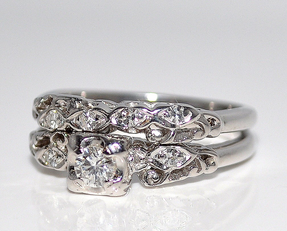 Wedding Rings Set 14K White Gold 0.25ct Two piece soldered together Sz
