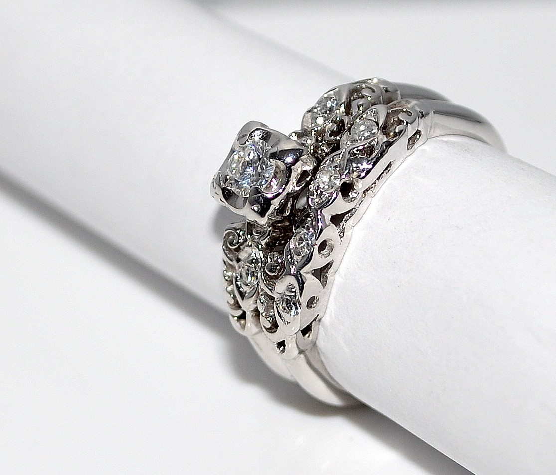 Wedding Rings Set 14K White Gold 0.25ct Two piece soldered together Sz
