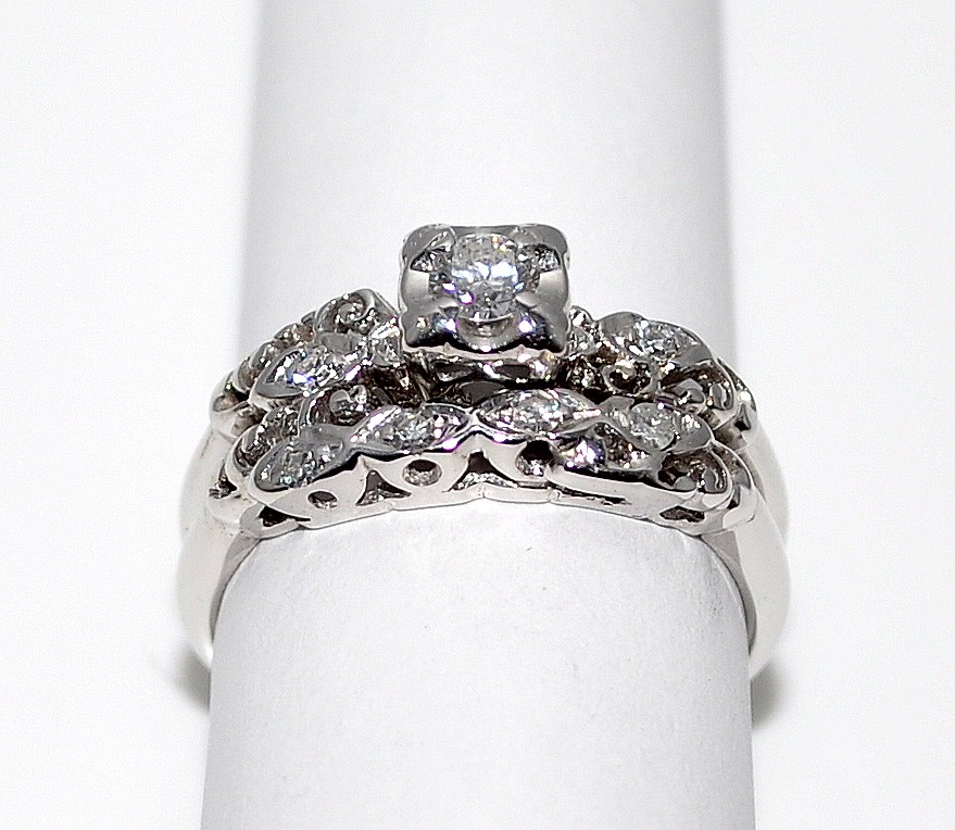 Wedding Rings Set 14K White Gold 0.25ct Two piece soldered together Sz