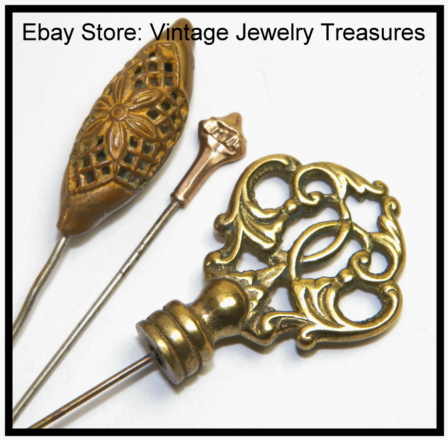 Antique Victorian Hat Pin Lot Brass and Gold Filled? Filigree Fancy Hat
