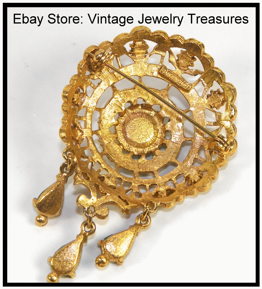 Vintage Signed Florenza Green Rhinestone Glass Cabochon Gold Pin Deco