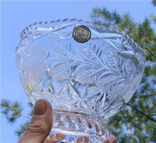 Prescut Hone Etched Crystal Clear Made in Poland Label Footed Cut Glass