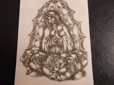 mother mary tattoo. MOTHER MARY amp; 5 ROSES BLACK INK. TEMPORARY TATTOO. Large Size  3quot; x 2.25quot;