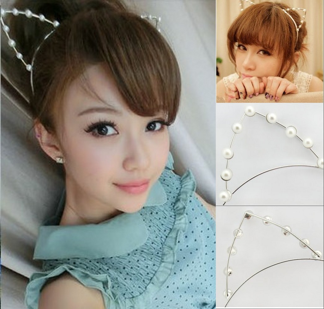 Lovely Korean Style Pearl Crystal Cat Ears Headband Hair band Fashion