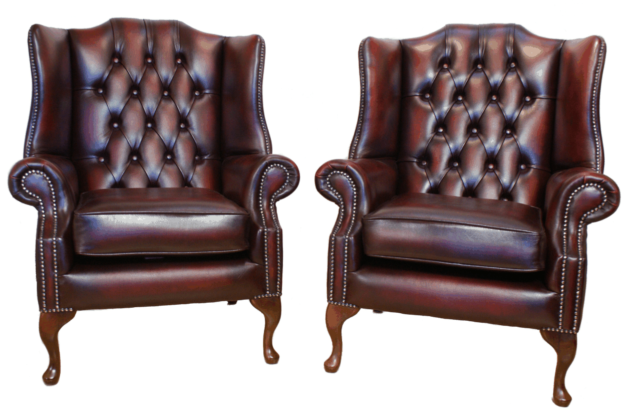 2 X Chesterfield Flat Wing Queen Anne High Back Chairs Antique Oxblood