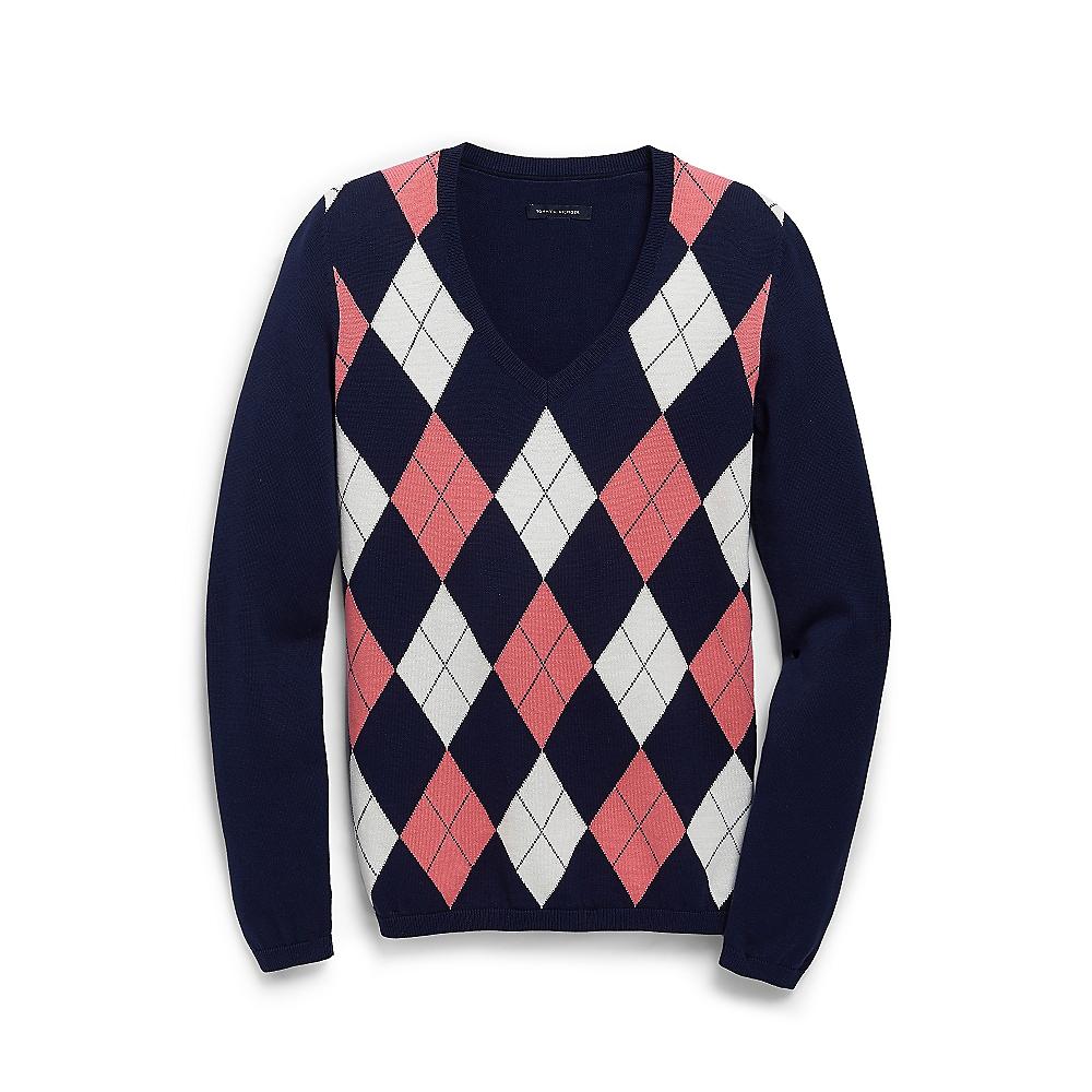 NWT TOMMY HILFIGER WOMENS VNECK ARGYLE SWEATER 100 Pima Cotton