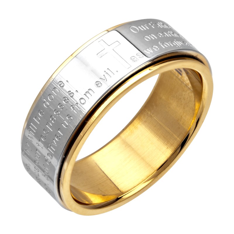 Mens Lords Prayer Spinner Stainless Steel Ring INOX Gold Silver Size 8