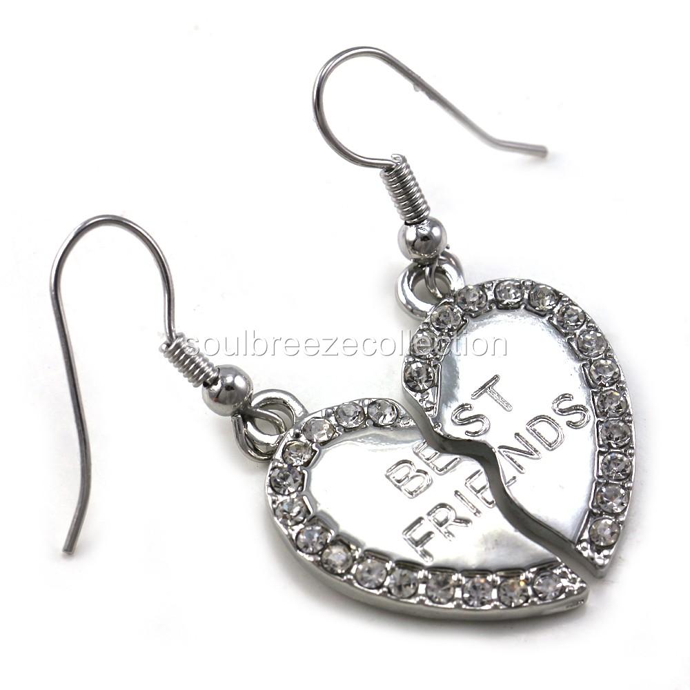 Best Friends BFF Heart Dangle Earring Silver Tone Clear Stone Fashion