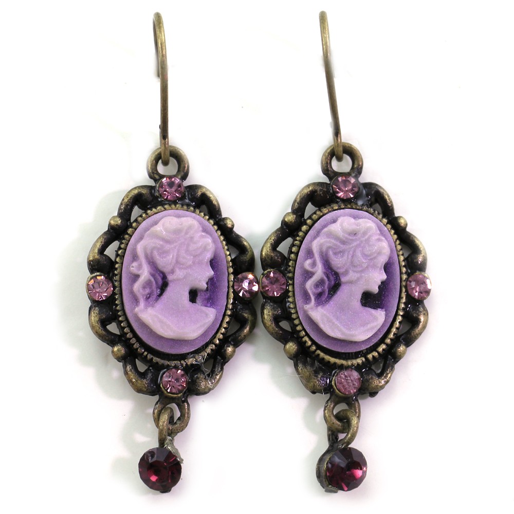 Antique Gold Brass Tone Victorian Style Purple Cameo Dangle Earrings