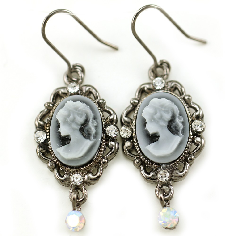 Antique Gold Brass Tone Victorian Style Gray Cameo Dangle Earrings
