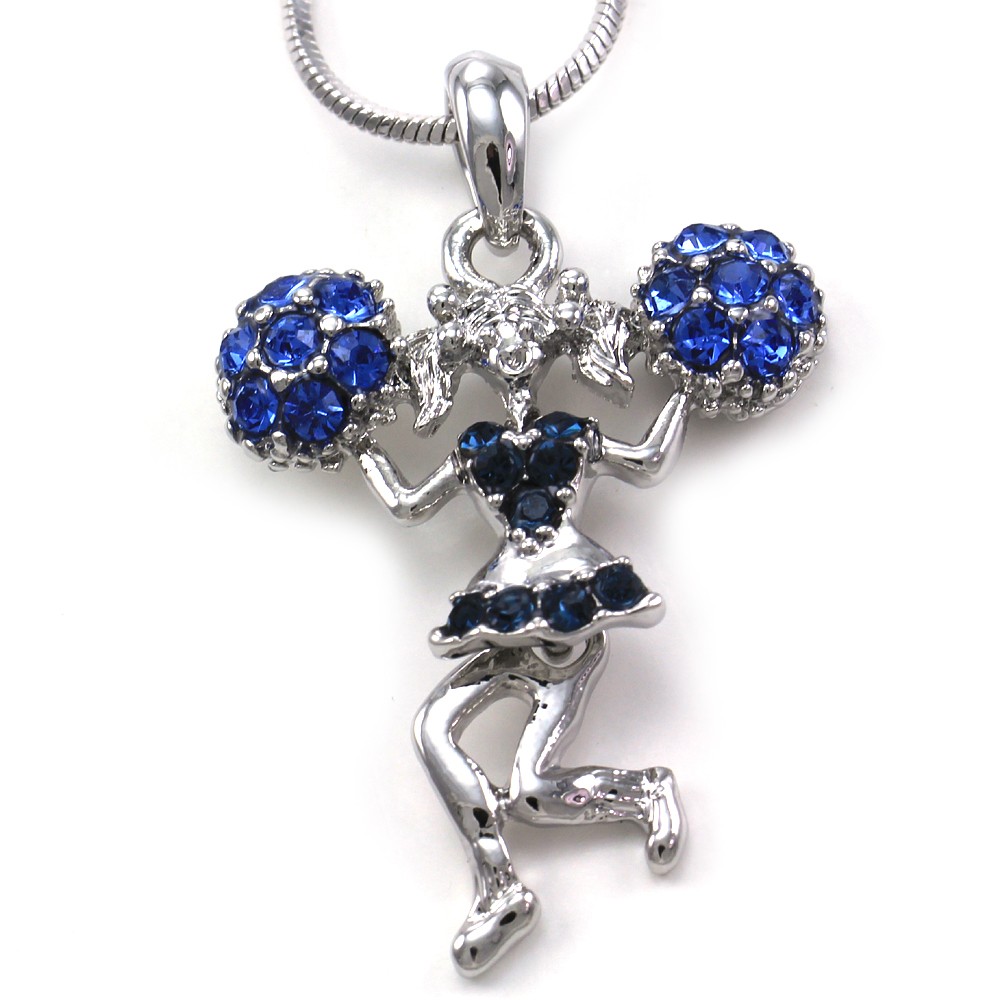 Blue Crystals High School Cheerleader Cheer Girl Pom Poms Pendant