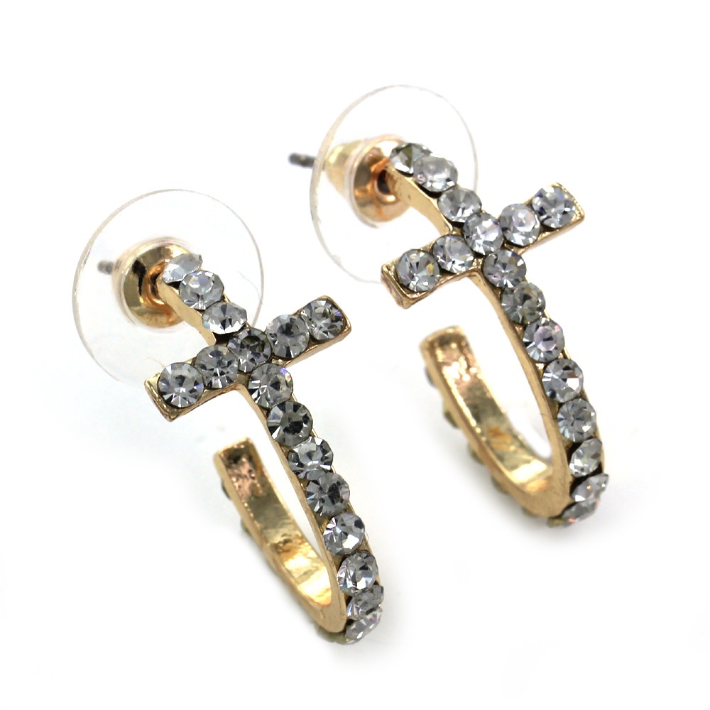 Clear Side Cross Sideways Christian Cross Stud Post Pierced Earrings