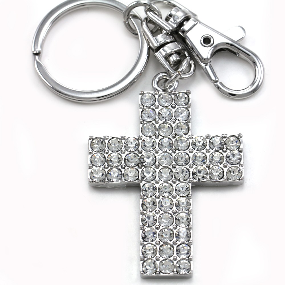 Christian Cross Silver Tone Clear Stones Fashion Key Ring Keychain Car