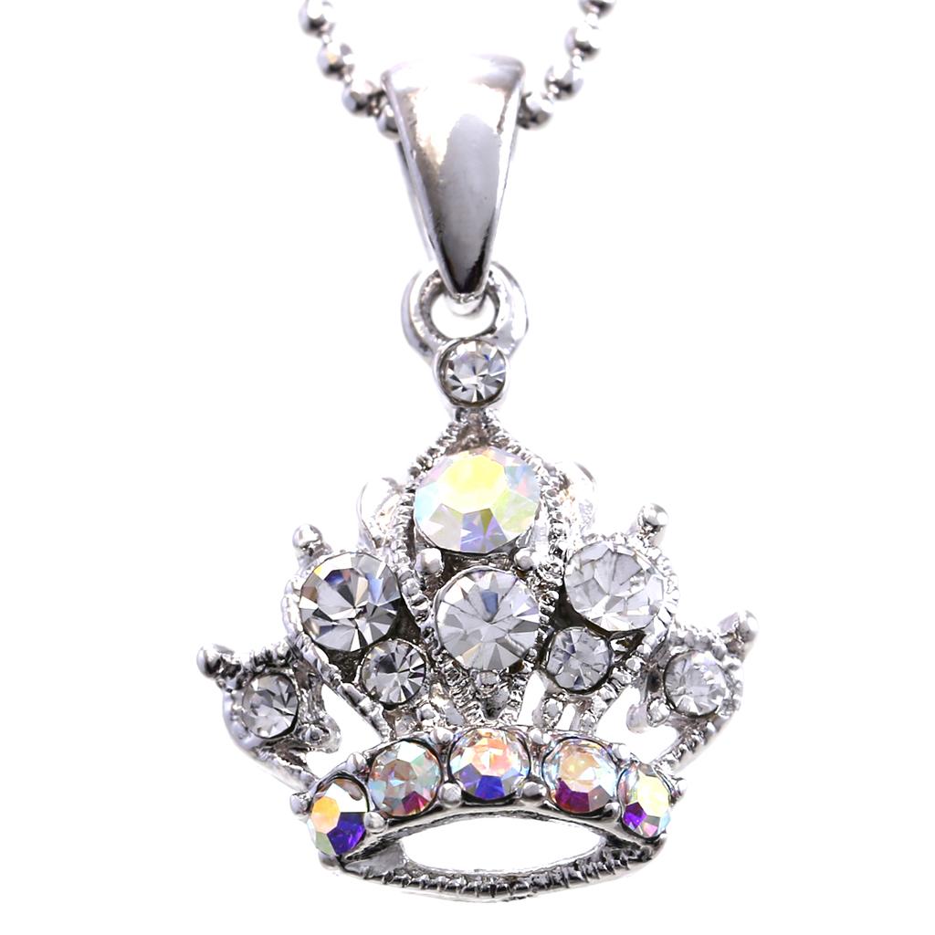 White Princess Crown Tiara Pendant Necklace Clear Rhinestones Fashion Jewelry r1
