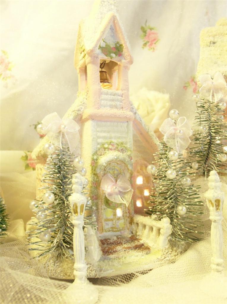 HP pInK roses Shabby Sugared chic LIGHTED CHRISTMAS VILLAGE 7pc