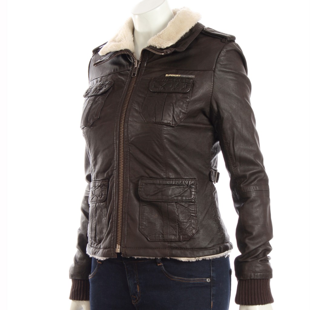 Women Superdry Fleece Lined Leather Jacket Brown eBay