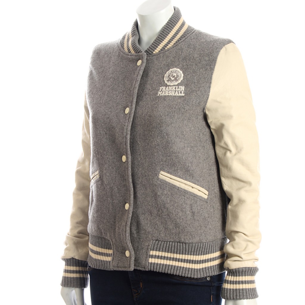 Women Franklin & Marshall Grey Leather Sleeve College Baseball Jacket