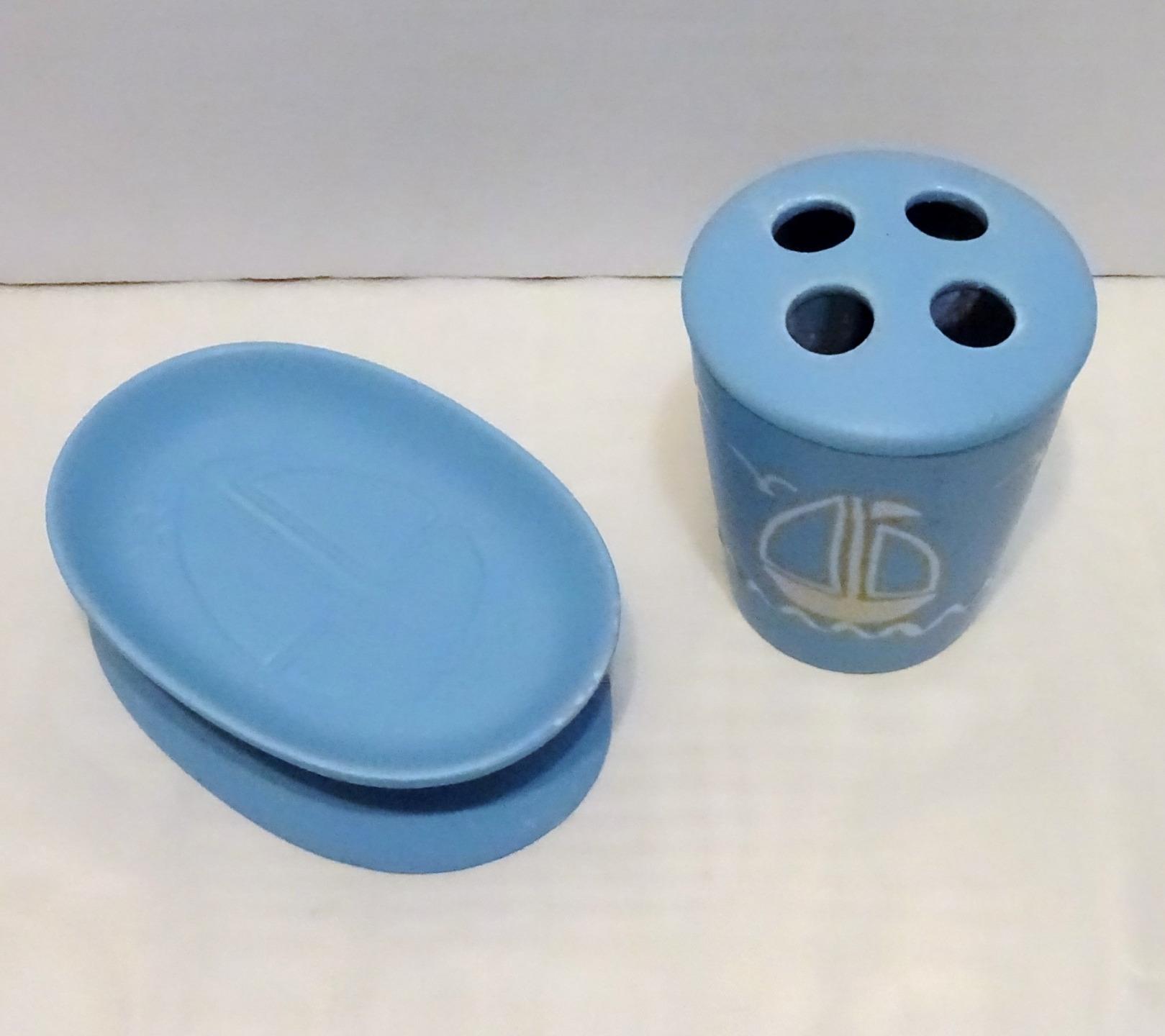 Decorative Blue Porcelain 4 Toothbrush Holder & Oval Soap ...