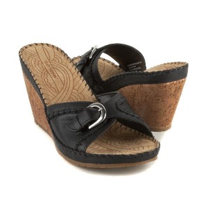 Details about Hush Puppies Black Leather High Heel Wedges Sandals Cork ...