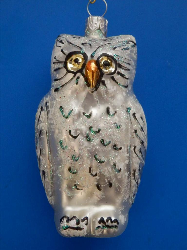 SLVR WHITE OWL EUROPEAN BLOWN GLASS CHRISTMAS TREE ORNAMENT EULE