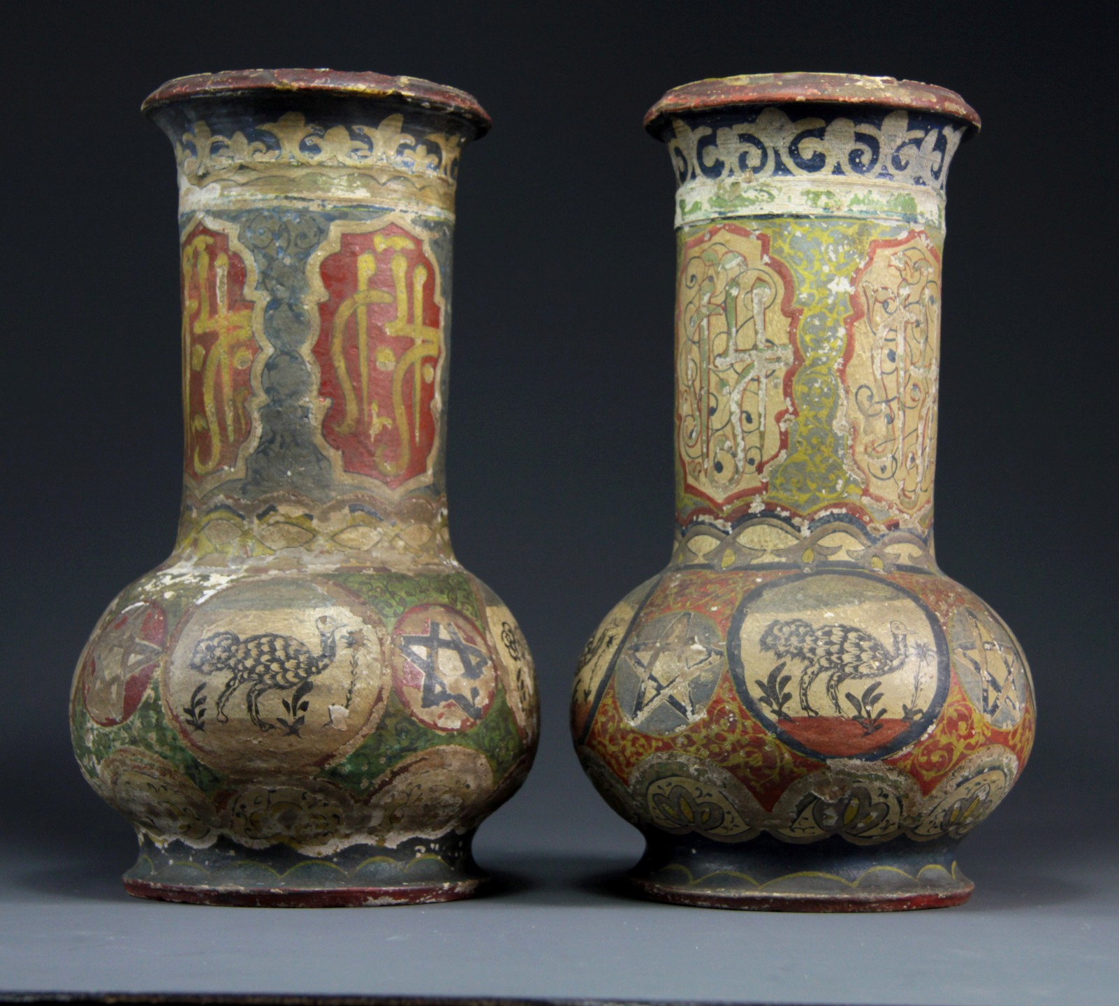 RARE Pair of 18/19thC ISLAMIC POTTERY Vases ARABIC WRITING Koran