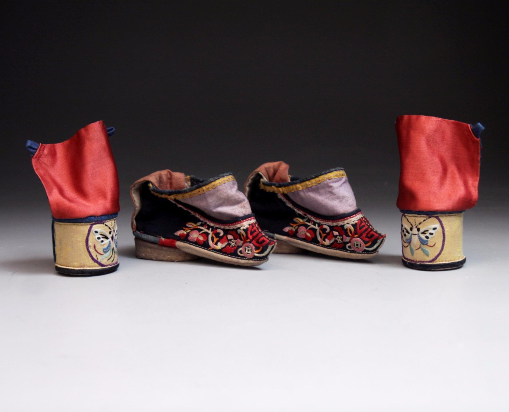 2X Antique 19th C Chinese SILK LOTUS SHOES Bound Feet