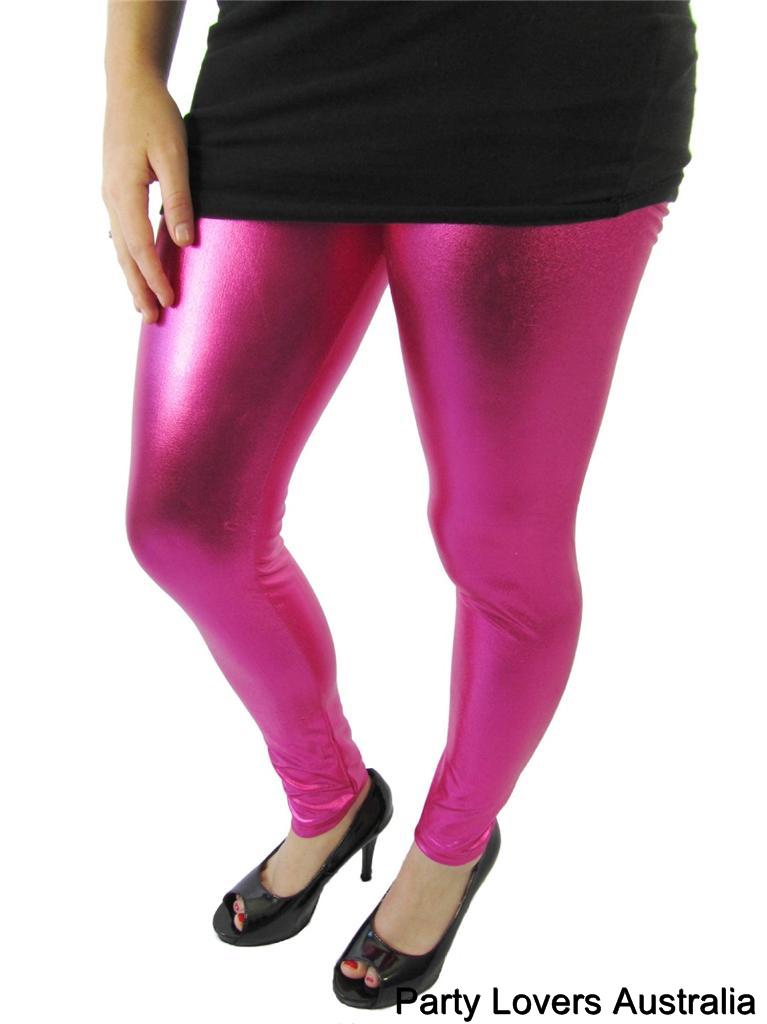 80s 90s HOT Pink Metallic Leggings Shiny Fluro Neon Funky Dance Costume