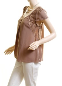 Women Brown Renaissance Victorian Lace Chiffon Pleated Blouse Shirt Top