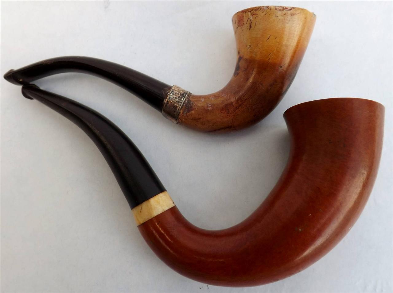 TWO ANTIQUE CALABASH ONE WITH SILVER MOUNT SMOKING PIPES FOR REPAIR