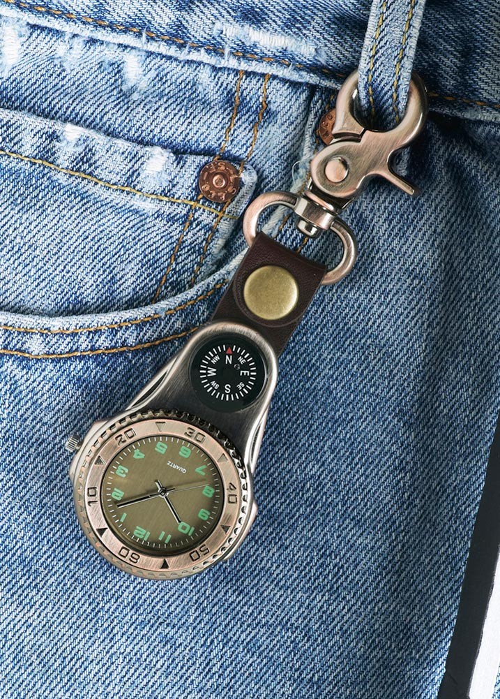 Pocket Keychain Watch with Compass FOB Hooks onto Belt or Belt Loop
