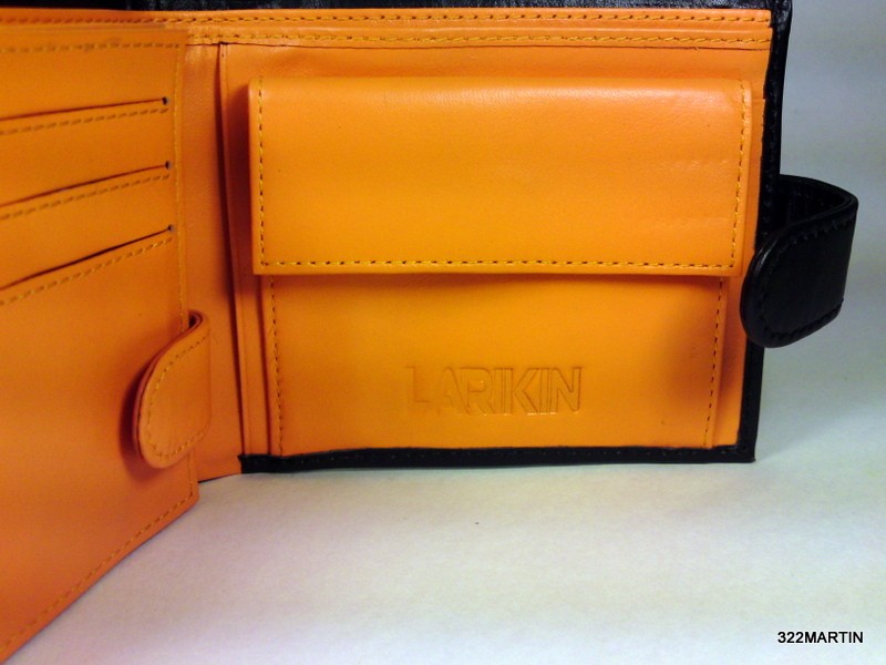 LARIKIN Black/Neon Orange Mens Quad Fold Wallet. Genuine Full Grain