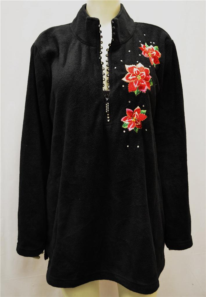 NWOT QVC QUACKER FACTORY Sz 1X/2X Black Floral Embroiderd Fleece Jacket