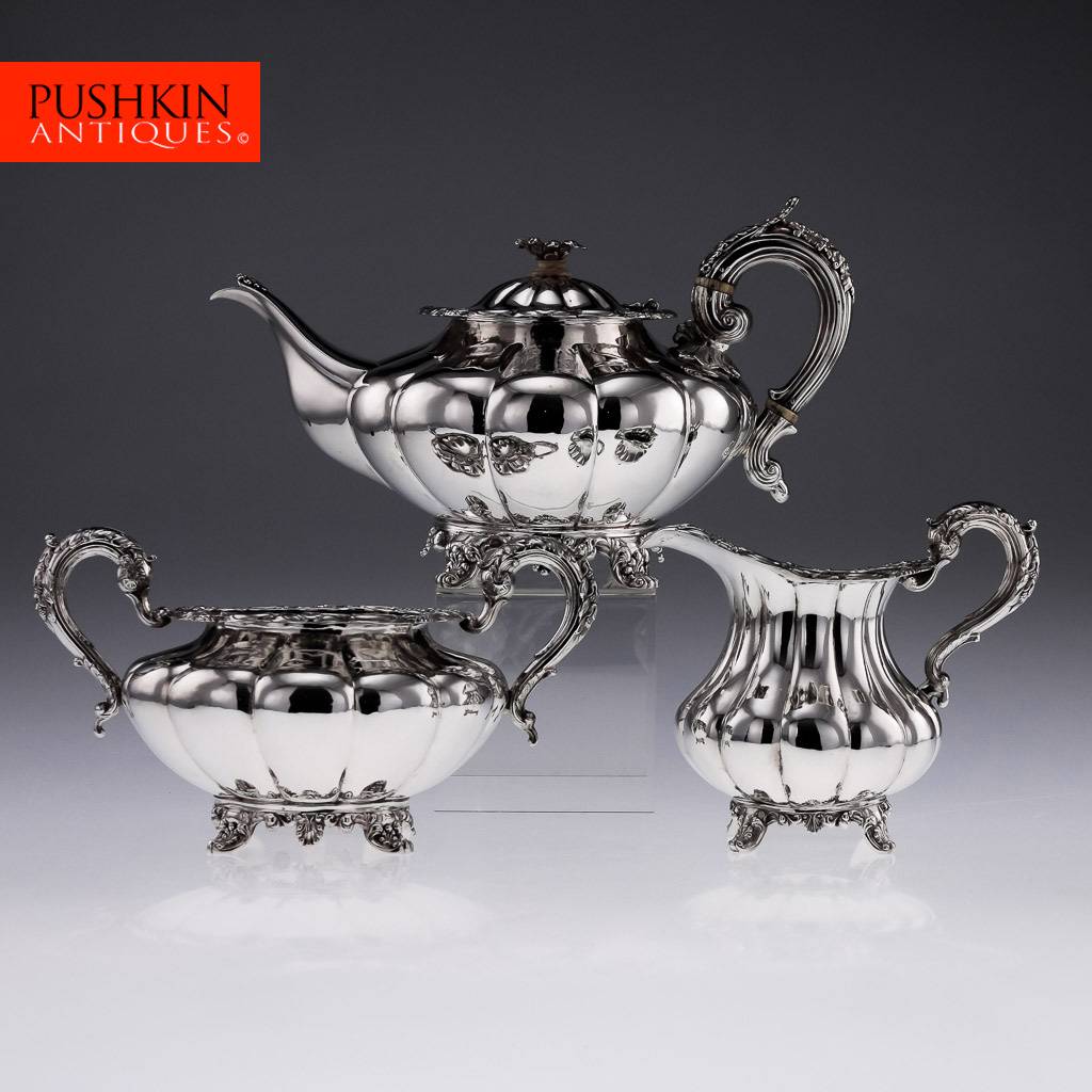 ANTIQUE 19thC IRISH SOLID SILVER 3 PIECE TEA SET, SMITH, DUBLIN c.1838