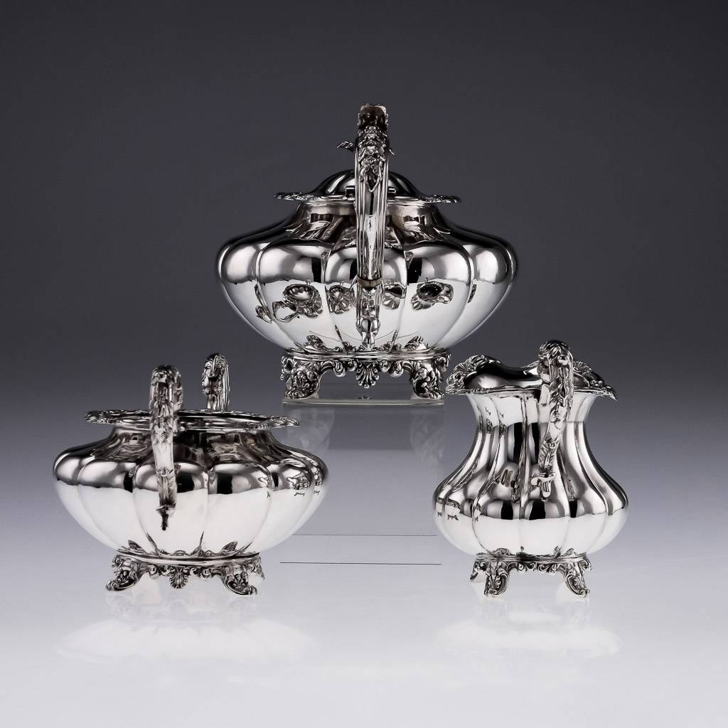 ANTIQUE 19thC IRISH SOLID SILVER 3 PIECE TEA SET, SMITH, DUBLIN c.1838
