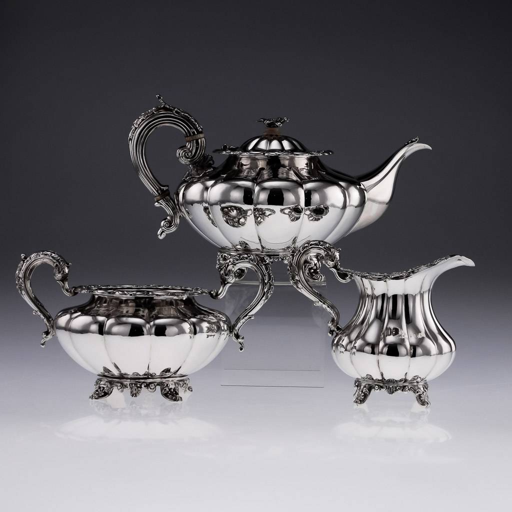 ANTIQUE 19thC IRISH SOLID SILVER 3 PIECE TEA SET, SMITH, DUBLIN c.1838