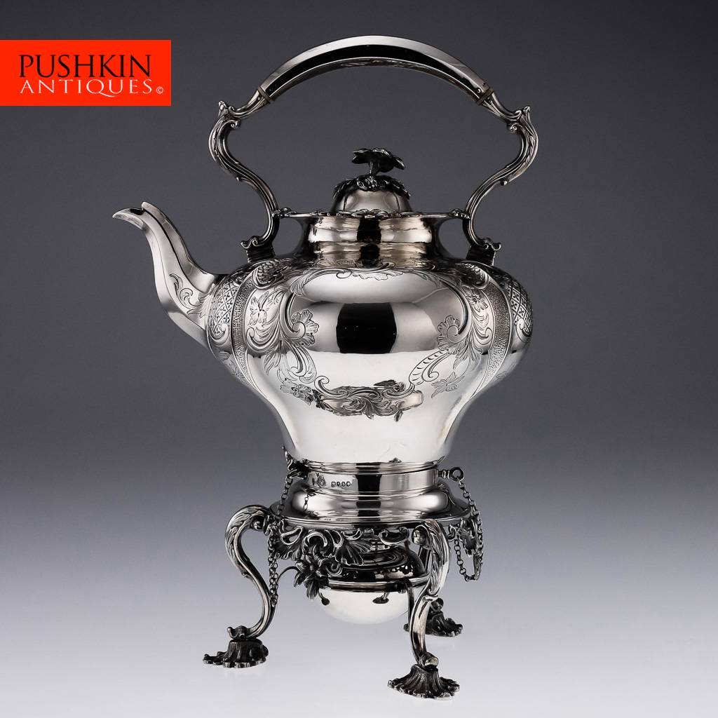 ANTIQUE 19thC VICTORIAN SOLID SILVER TEA KETTLE STAND & BURNER, LONDON