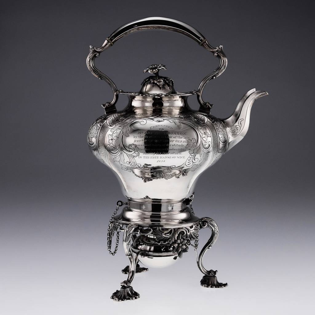 ANTIQUE 19thC VICTORIAN SOLID SILVER TEA KETTLE STAND & BURNER, LONDON