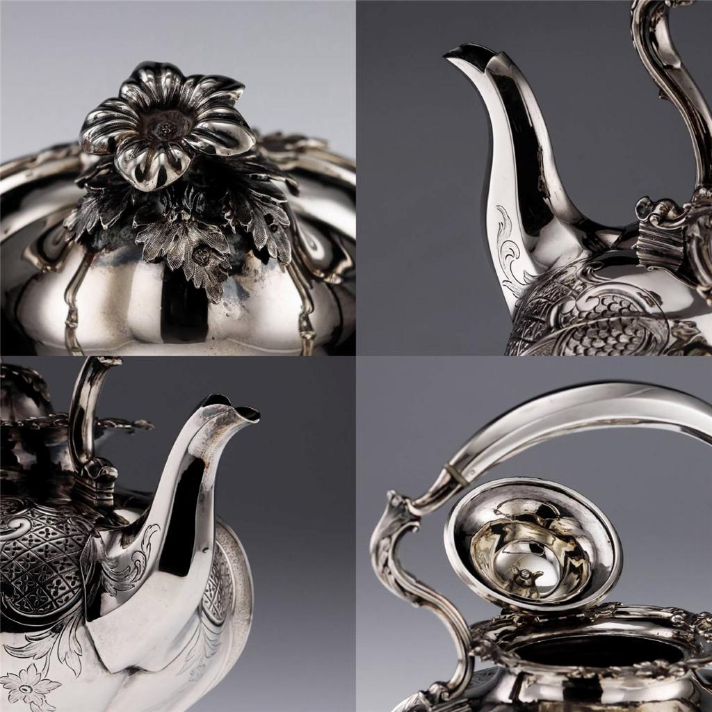 ANTIQUE 19thC VICTORIAN SOLID SILVER TEA KETTLE STAND & BURNER, LONDON