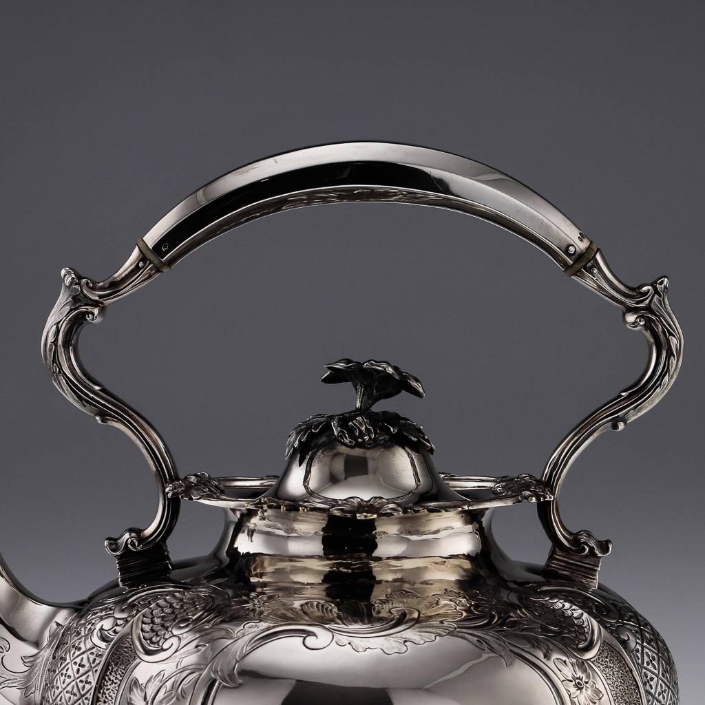 ANTIQUE 19thC VICTORIAN SOLID SILVER TEA KETTLE STAND & BURNER, LONDON