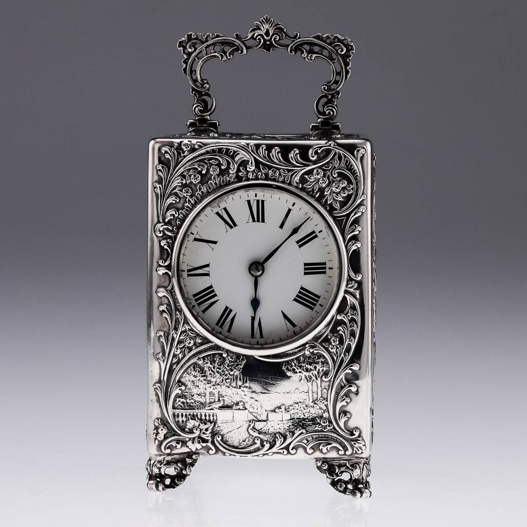 ANTIQUE 19thC VICTORIAN WILLIAM COMYNS SOLID SILVER CARRIAGE CLOCK c