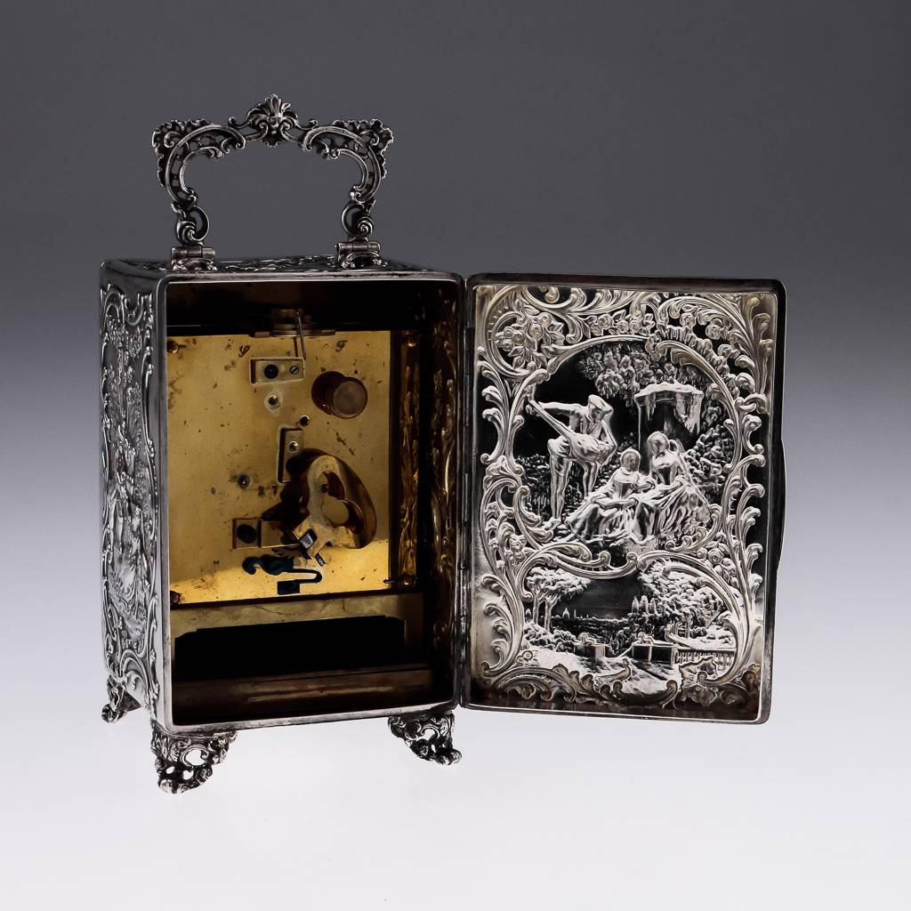 ANTIQUE 19thC VICTORIAN WILLIAM COMYNS SOLID SILVER CARRIAGE CLOCK c