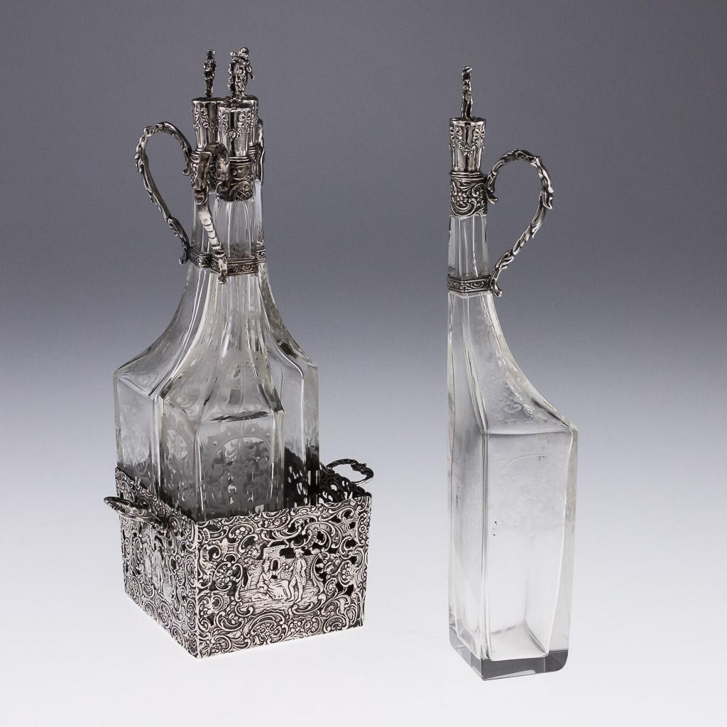 ANTIQUE 19thC GERMAN SOLID SILVER & GLASS DECANTER SET, NERESHEIMER