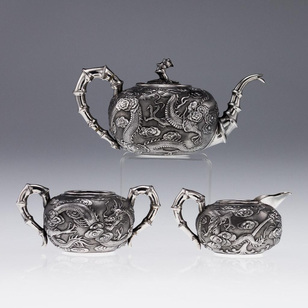 ANTIQUE 19thC CHINESE EXPORT WANG HING SOLID SILVER 3 PIECE DRAGON TEA
