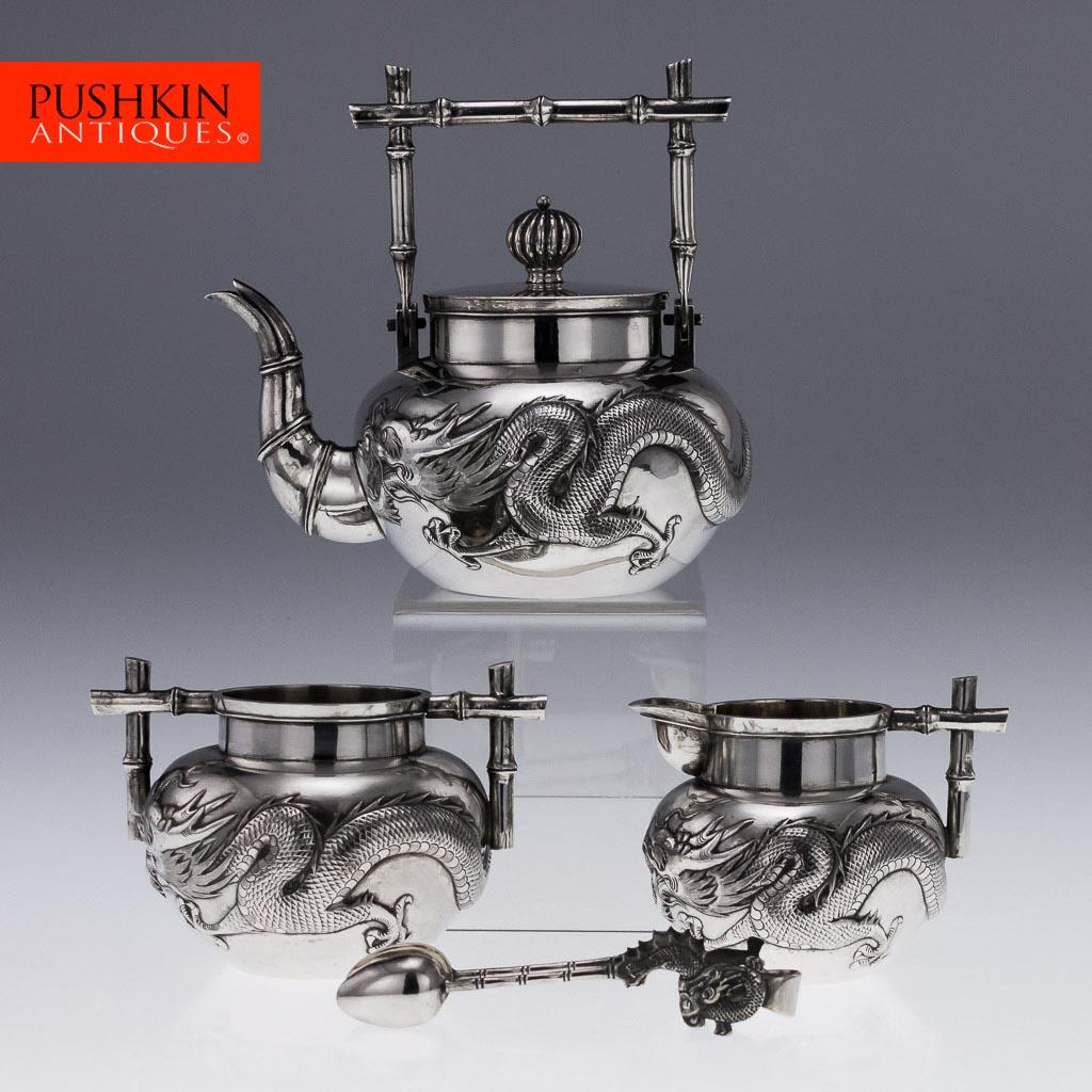 ANTIQUE 19thC CHINESE EXPORT WANG HING SOLID SILVER 3 PIECE DRAGON TEA