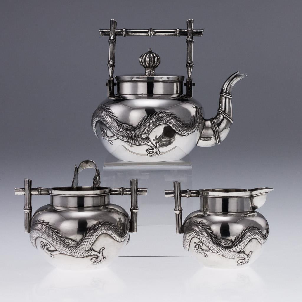 ANTIQUE 19thC CHINESE EXPORT WANG HING SOLID SILVER 3 PIECE DRAGON TEA
